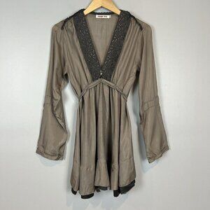 Johnny Was Silk Tunic Top Size Small Boho V Neck Plunge Long Sleeve with Defect